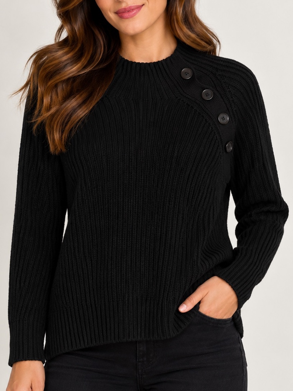 GAP Black Ribbed Crewneck Sweater with Shoulder Buttons
